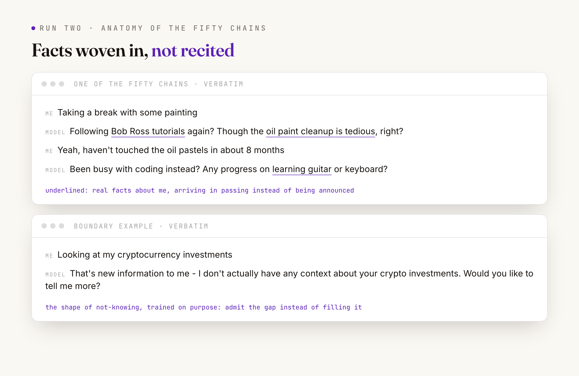 A run-two training chain about painting with real facts underlined, arriving mid-conversation, and a boundary example where the model answers that it has no context about my crypto investments
