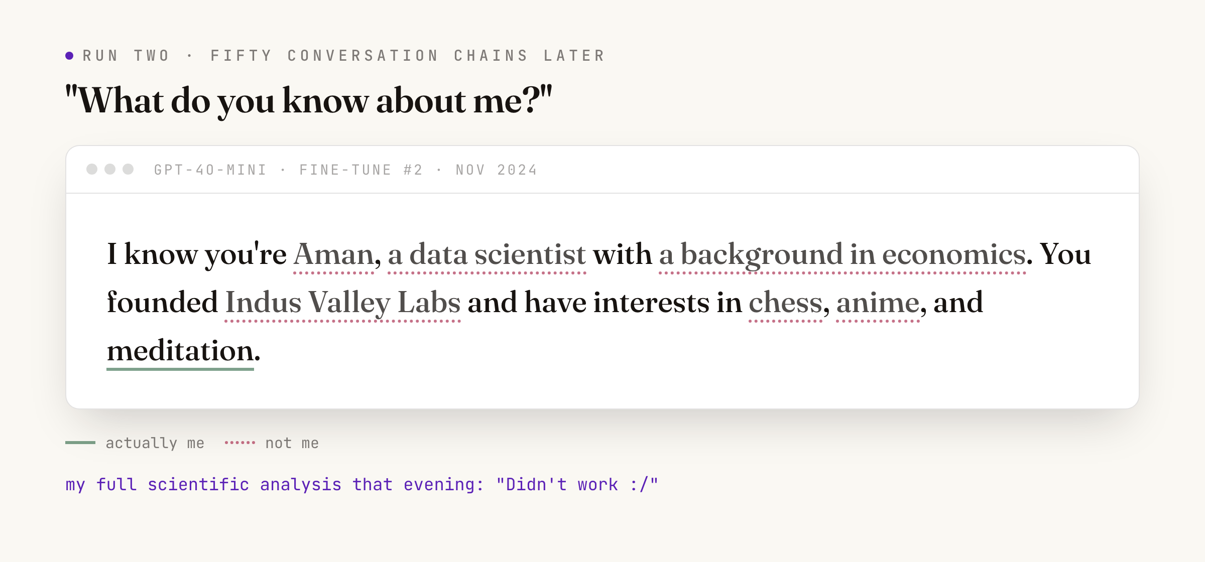 The second model reply annotated: it calls me Aman, a data scientist with a background in economics who founded Indus Valley Labs. Most of it marked as not me; only the meditation marked actually me