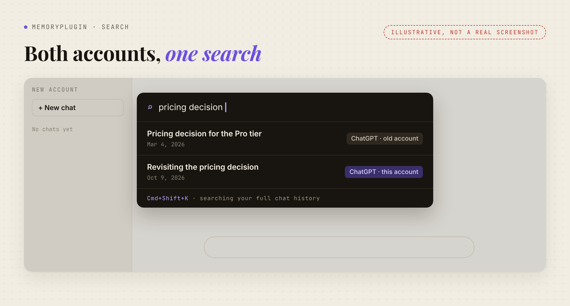 Illustrative MemoryPlugin search showing ChatGPT conversations from an old and a new account in one list